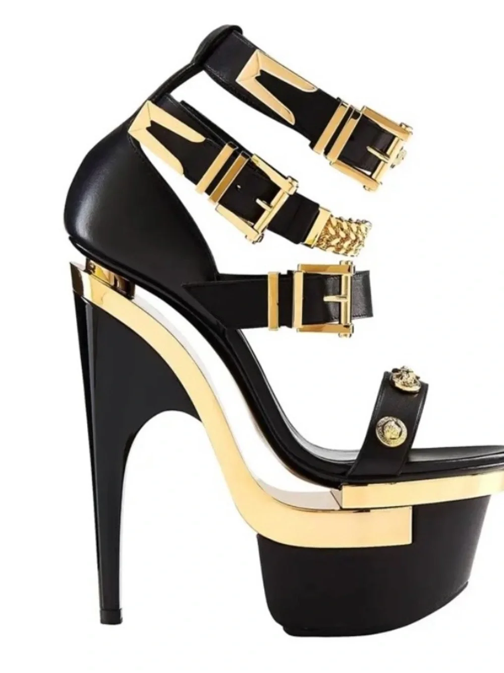 Versace Black and Gold Leather Triple Platform Medusa size 7.5/8 US